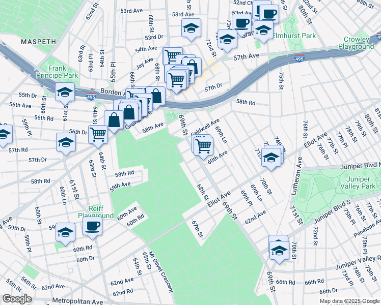 map of restaurants, bars, coffee shops, grocery stores, and more near 68-04 59th Road in Queens