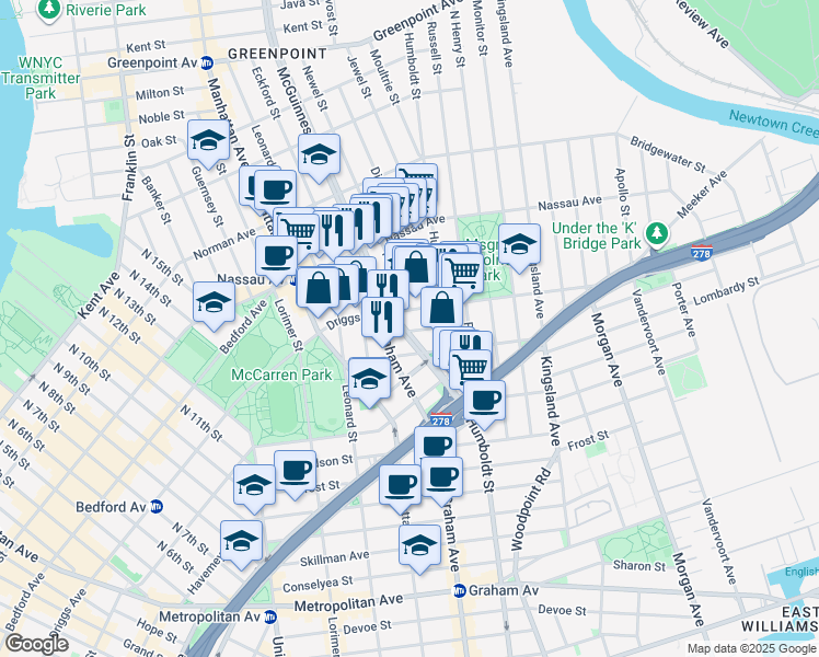 map of restaurants, bars, coffee shops, grocery stores, and more near 4 Broome Street in Brooklyn