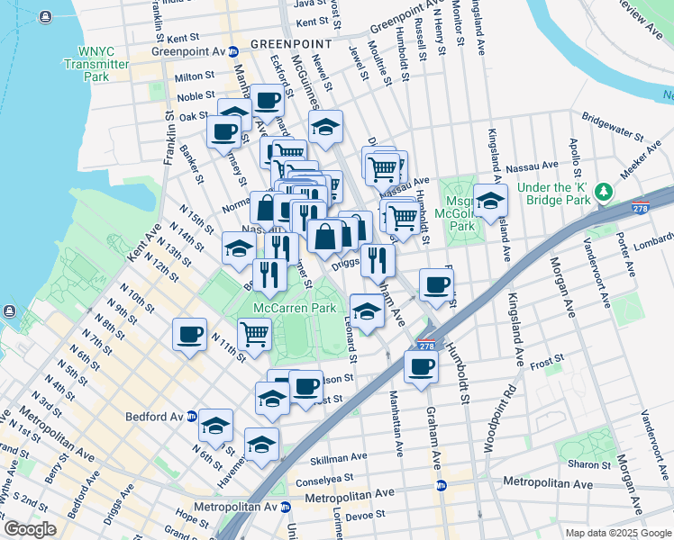 map of restaurants, bars, coffee shops, grocery stores, and more near in Brooklyn