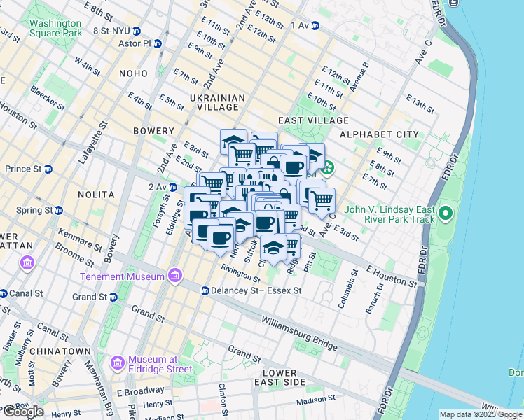 map of restaurants, bars, coffee shops, grocery stores, and more near 250 East Houston Street in New York
