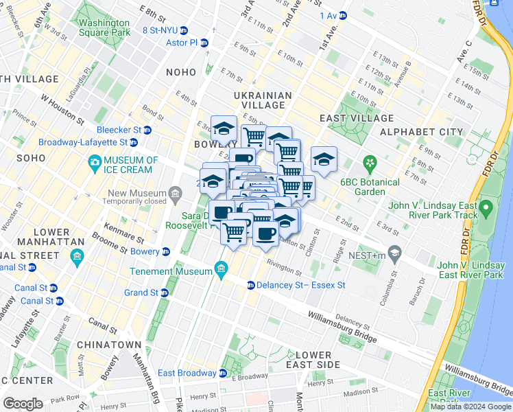 map of restaurants, bars, coffee shops, grocery stores, and more near 179 Ludlow Street in New York