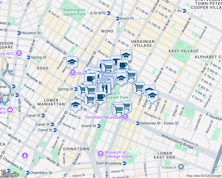 map of restaurants, bars, coffee shops, grocery stores, and more near 187 Chrystie Street in New York
