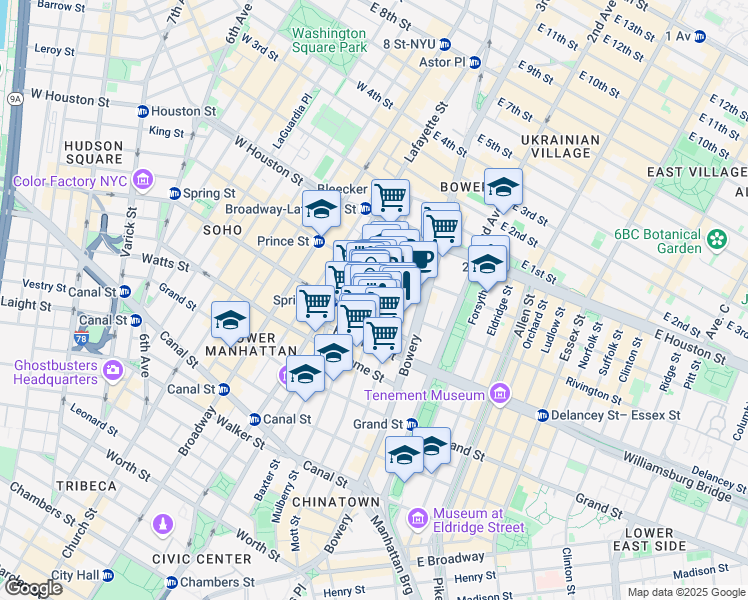 map of restaurants, bars, coffee shops, grocery stores, and more near 221 Mott Street in New York