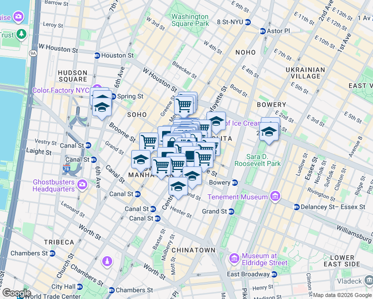 map of restaurants, bars, coffee shops, grocery stores, and more near in New York