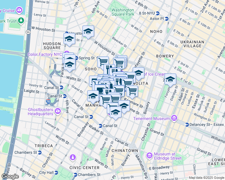 map of restaurants, bars, coffee shops, grocery stores, and more near 494 Broadway in New York
