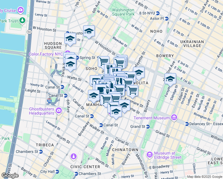 map of restaurants, bars, coffee shops, grocery stores, and more near 494 Broadway in New York