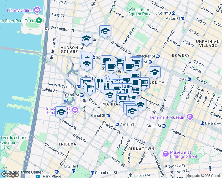 map of restaurants, bars, coffee shops, grocery stores, and more near 57 Mercer Street in New York