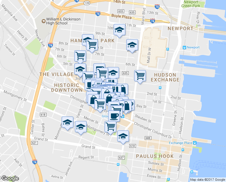 map of restaurants, bars, coffee shops, grocery stores, and more near in Jersey City