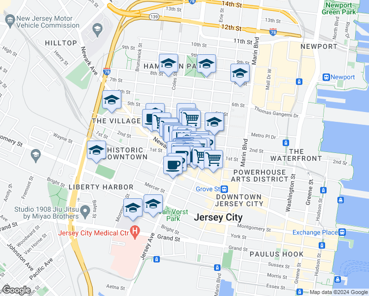 map of restaurants, bars, coffee shops, grocery stores, and more near 547 Jersey Avenue in Jersey City