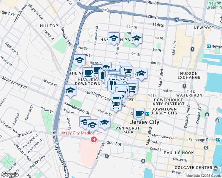 map of restaurants, bars, coffee shops, grocery stores, and more near 240 County Road 639 in Jersey City