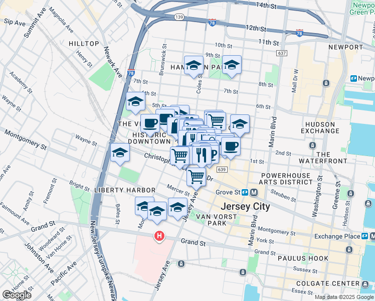 map of restaurants, bars, coffee shops, grocery stores, and more near 240 County Road 639 in Jersey City