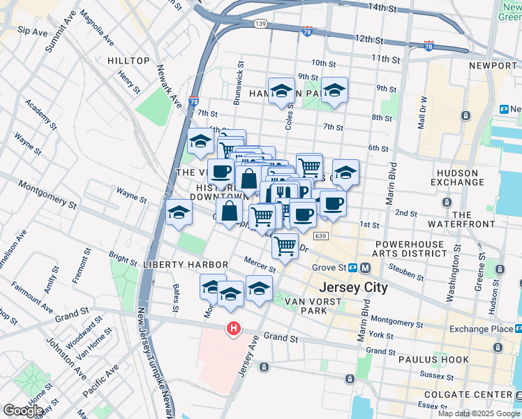 map of restaurants, bars, coffee shops, grocery stores, and more near 327 1st Street in Jersey City