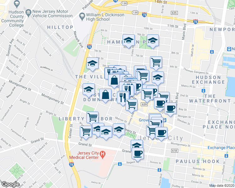 map of restaurants, bars, coffee shops, grocery stores, and more near 374A Monmouth Street in Jersey City
