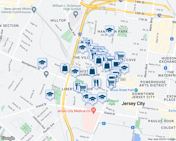 map of restaurants, bars, coffee shops, grocery stores, and more near in Jersey City