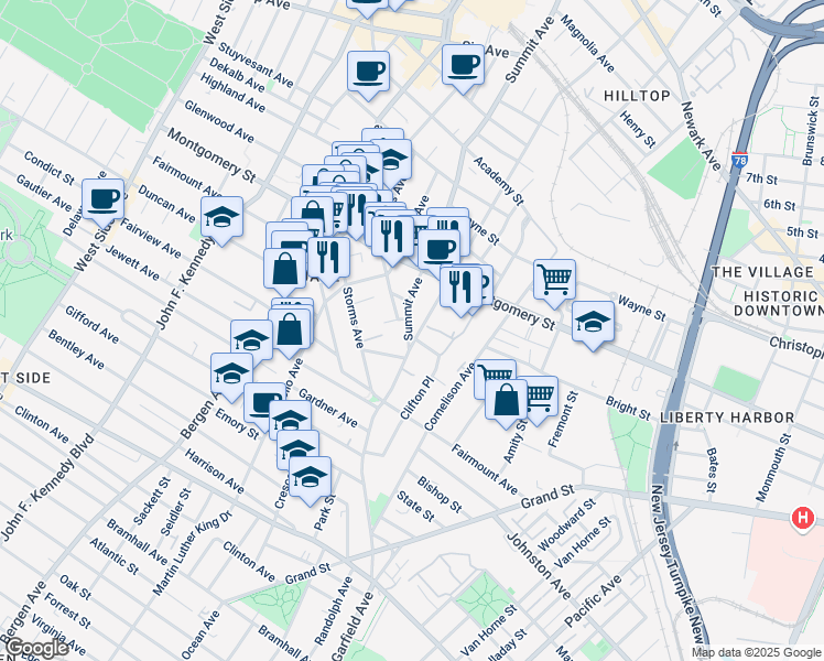 map of restaurants, bars, coffee shops, grocery stores, and more near in Jersey City