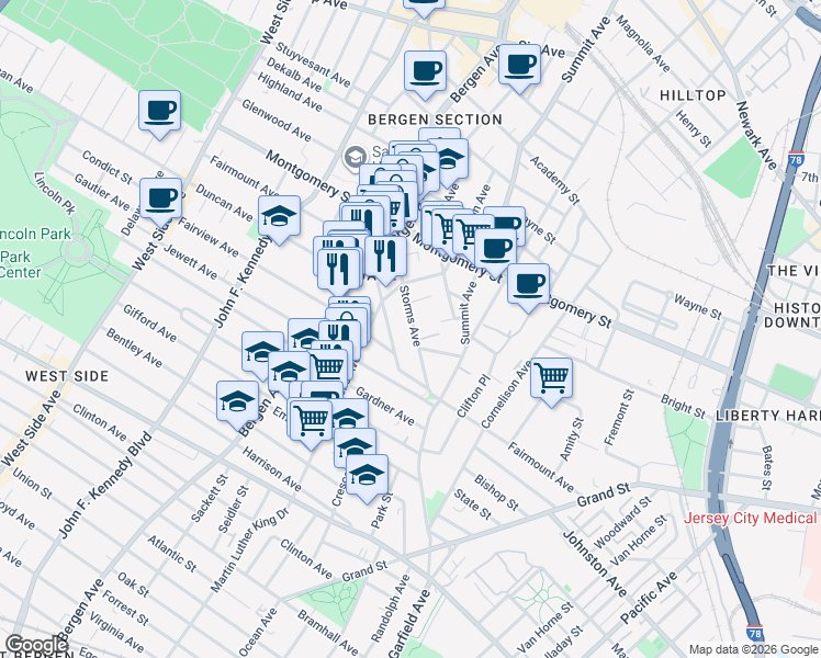 map of restaurants, bars, coffee shops, grocery stores, and more near 212 Fairmount Avenue in Jersey City