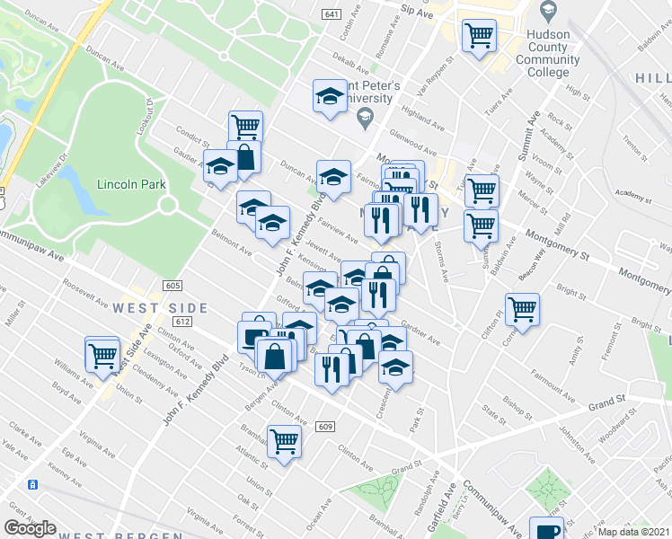 map of restaurants, bars, coffee shops, grocery stores, and more near 19 Kensington Avenue in Jersey City