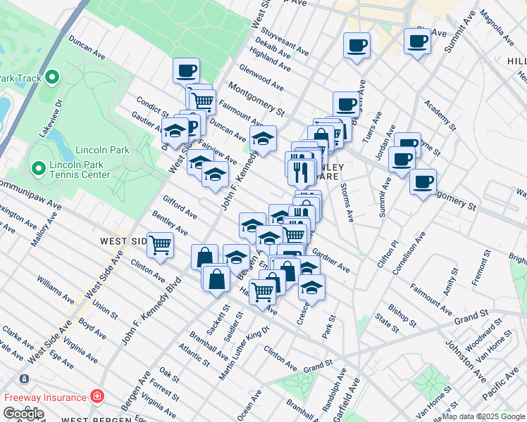 map of restaurants, bars, coffee shops, grocery stores, and more near 19 Kensington Avenue in Jersey City