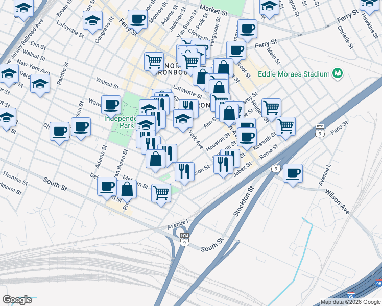 map of restaurants, bars, coffee shops, grocery stores, and more near 29 Napoleon Street in Newark