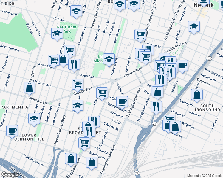 map of restaurants, bars, coffee shops, grocery stores, and more near 175 Brunswick Street in Newark