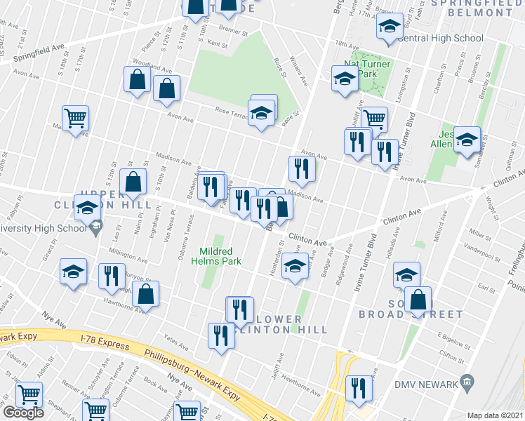 map of restaurants, bars, coffee shops, grocery stores, and more near 497 Clinton Avenue in Newark