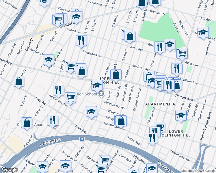 map of restaurants, bars, coffee shops, grocery stores, and more near 32 Vernon Avenue in Newark