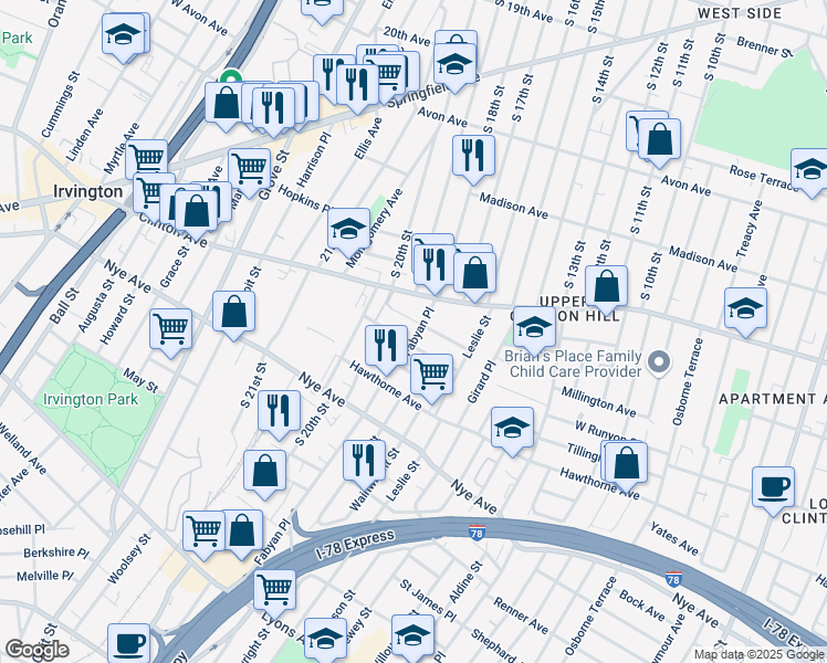 map of restaurants, bars, coffee shops, grocery stores, and more near 33 Beverly Street in Newark