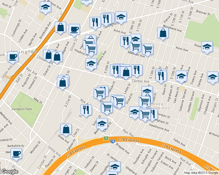 map of restaurants, bars, coffee shops, grocery stores, and more near 33 Beverly Street in Newark