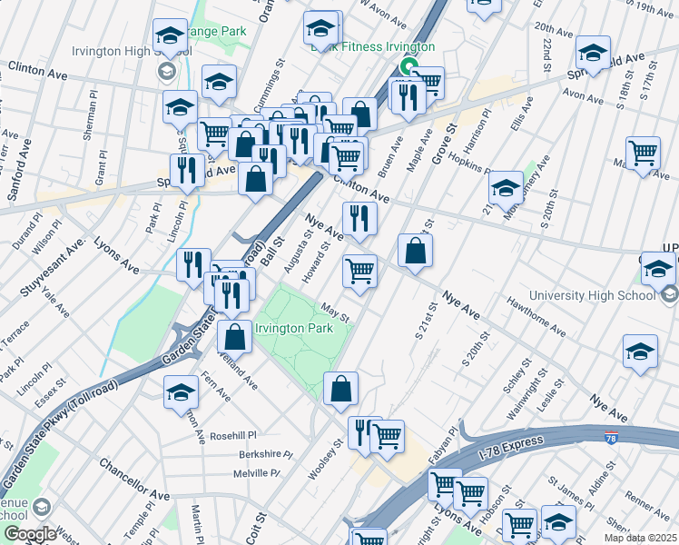 map of restaurants, bars, coffee shops, grocery stores, and more near 191 Maple Avenue in Irvington