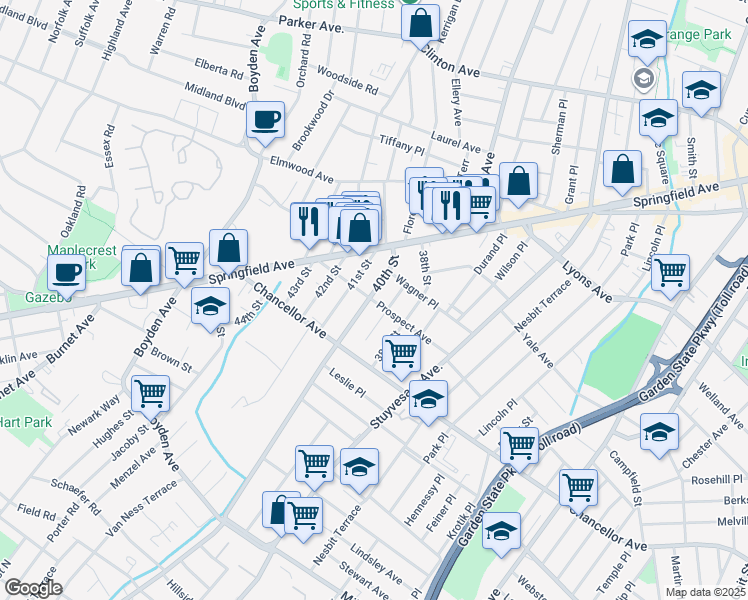map of restaurants, bars, coffee shops, grocery stores, and more near 101 Prospect Avenue in Irvington