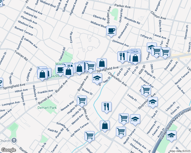 map of restaurants, bars, coffee shops, grocery stores, and more near 27 Jacoby Street in Maplewood