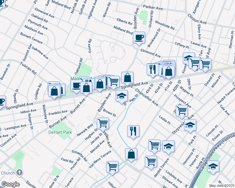 map of restaurants, bars, coffee shops, grocery stores, and more near 27 Jacoby Street in Maplewood