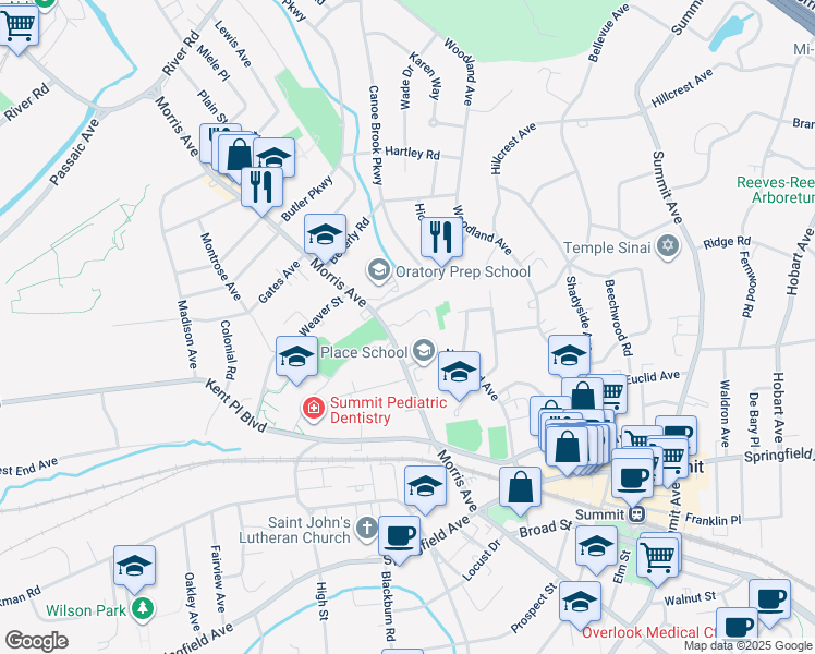 map of restaurants, bars, coffee shops, grocery stores, and more near 417 Morris Avenue in Summit
