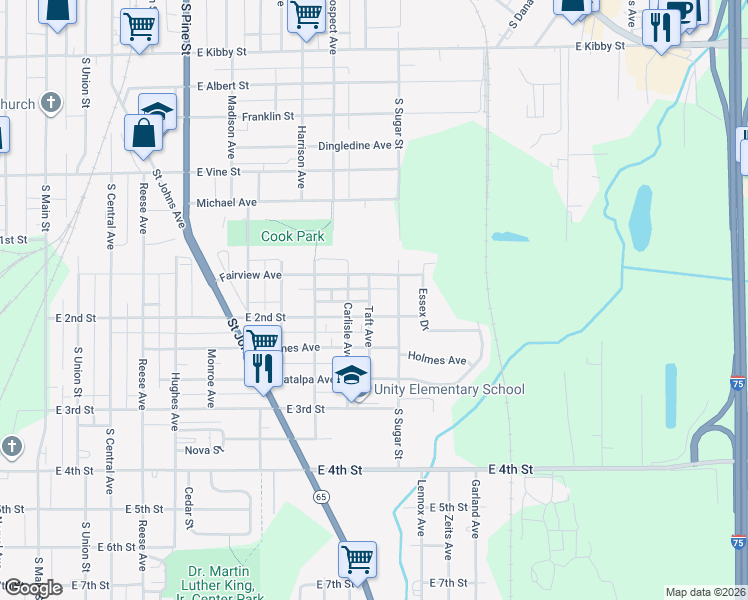 map of restaurants, bars, coffee shops, grocery stores, and more near 1007 East 2nd Street in Lima
