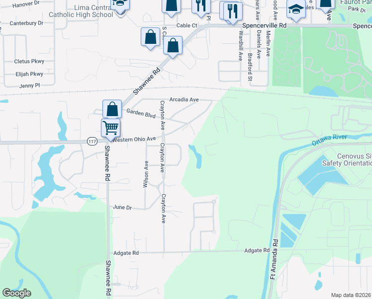 map of restaurants, bars, coffee shops, grocery stores, and more near 1040 Fulton Road in Lima