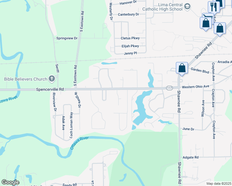 map of restaurants, bars, coffee shops, grocery stores, and more near 1412 Trebor Drive in Lima