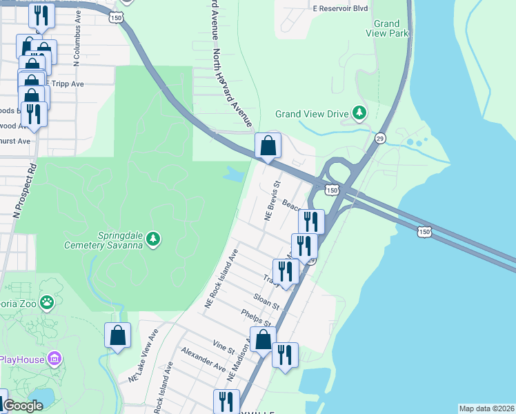 map of restaurants, bars, coffee shops, grocery stores, and more near 3511 Northeast Brevis Street in Peoria
