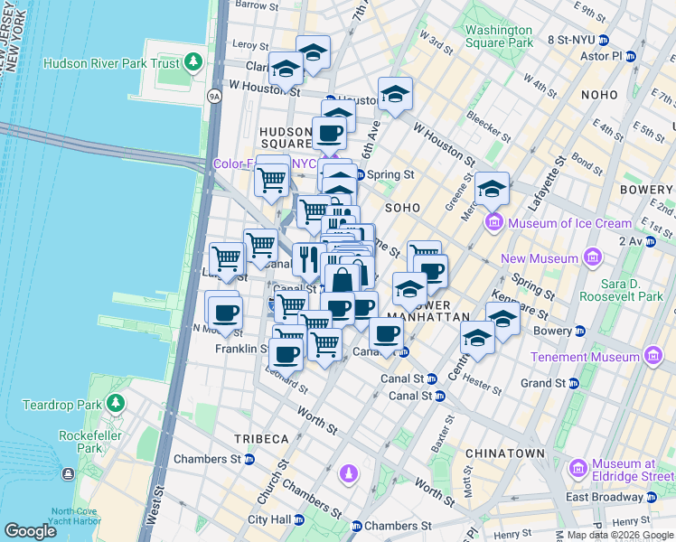 map of restaurants, bars, coffee shops, grocery stores, and more near 5 Thompson Street in New York