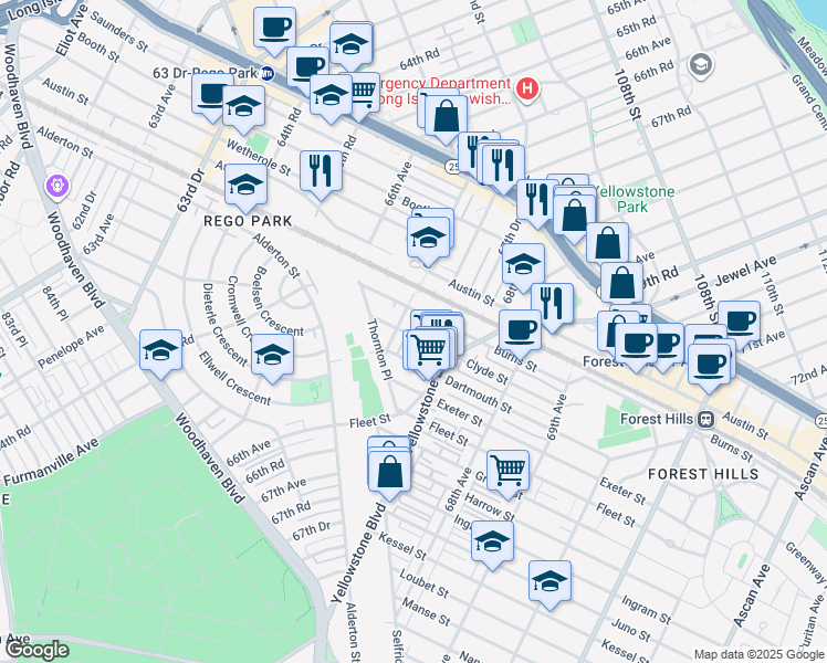 map of restaurants, bars, coffee shops, grocery stores, and more near 67-39 Clyde Street in Queens
