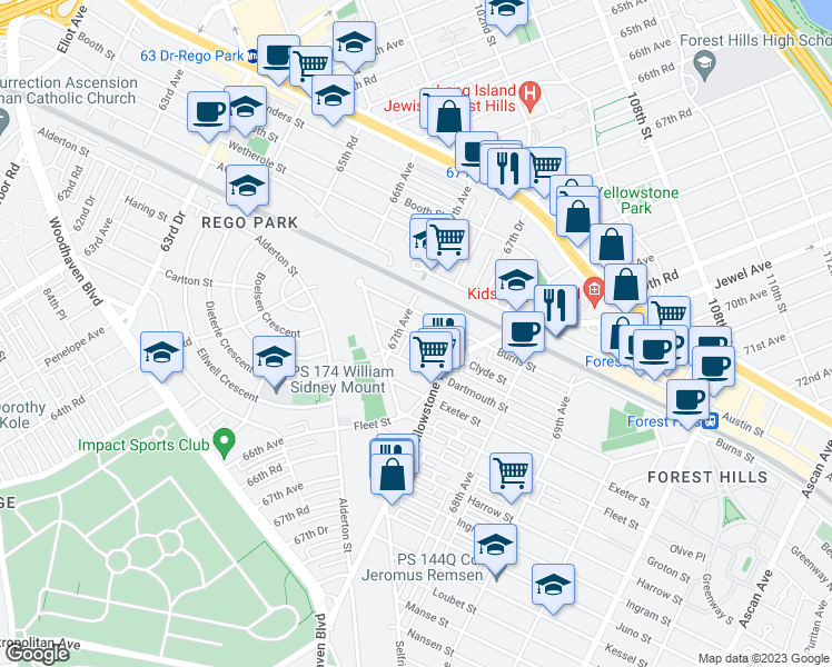 map of restaurants, bars, coffee shops, grocery stores, and more near 67-39 Clyde Street in Queens
