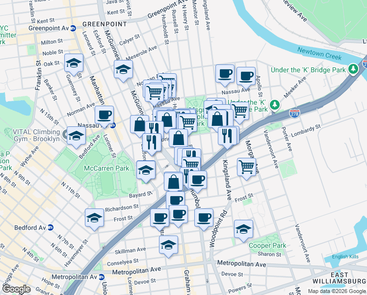 map of restaurants, bars, coffee shops, grocery stores, and more near 161 Engert Avenue in Brooklyn