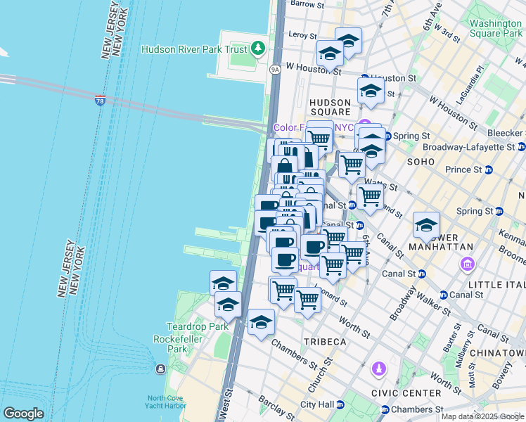 map of restaurants, bars, coffee shops, grocery stores, and more near 98 Laight Street in New York