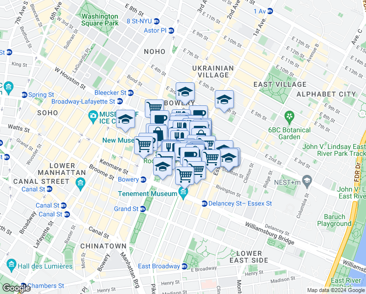 map of restaurants, bars, coffee shops, grocery stores, and more near 229 Eldridge Street in New York