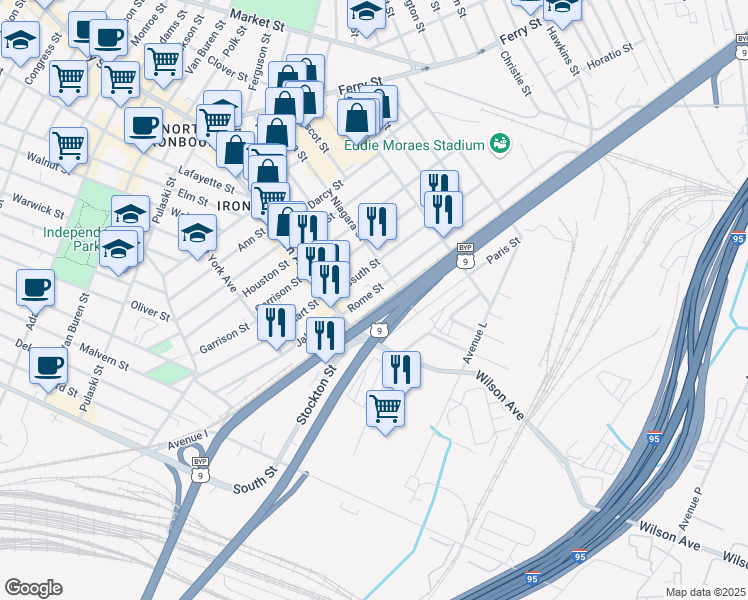 map of restaurants, bars, coffee shops, grocery stores, and more near 23 Rome Street in Newark