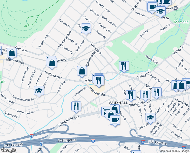 map of restaurants, bars, coffee shops, grocery stores, and more near 111 Millburn Avenue in Essex County