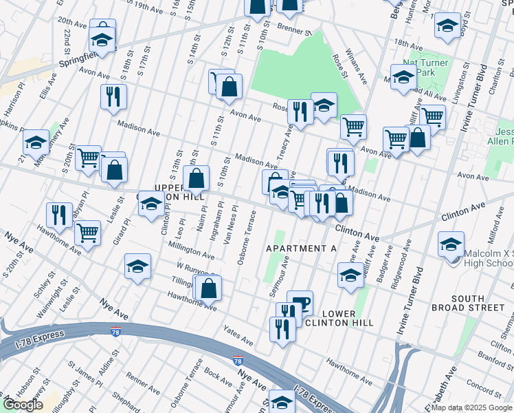 map of restaurants, bars, coffee shops, grocery stores, and more near 2 Osborne Terrace in Newark