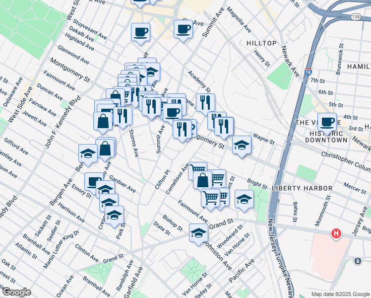 map of restaurants, bars, coffee shops, grocery stores, and more near 20 Beacon Way in Jersey City