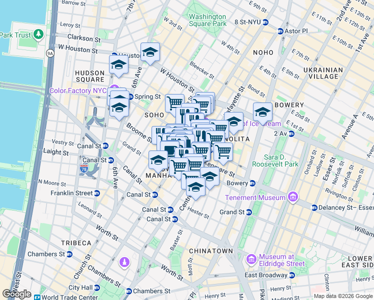map of restaurants, bars, coffee shops, grocery stores, and more near 508 Broadway in New York