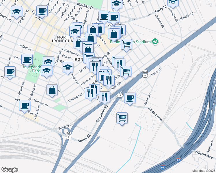 map of restaurants, bars, coffee shops, grocery stores, and more near 195 Wilson Avenue in Newark