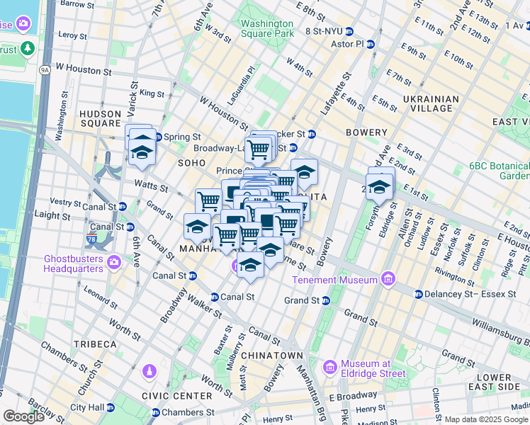 map of restaurants, bars, coffee shops, grocery stores, and more near 226 Lafayette Street in New York